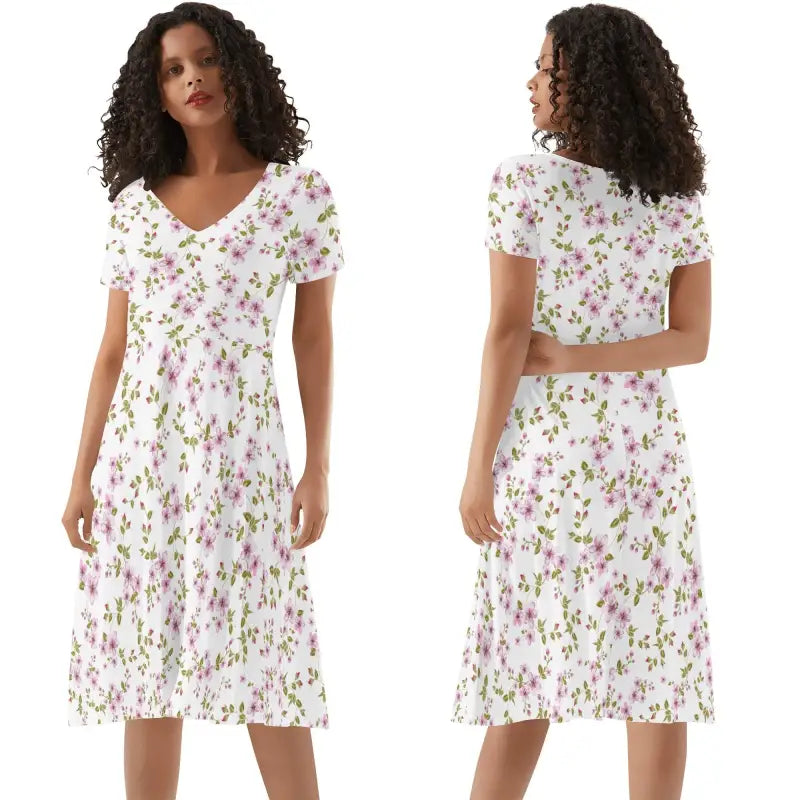 Floral Summer Dress with V-neck and short sleeves, perfect for a sunny garden party