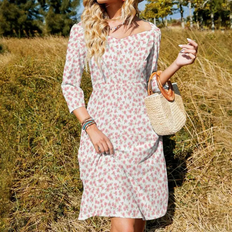 Off-the-shoulder floral sweetheart line dress for women with long sleeves and vibrant print