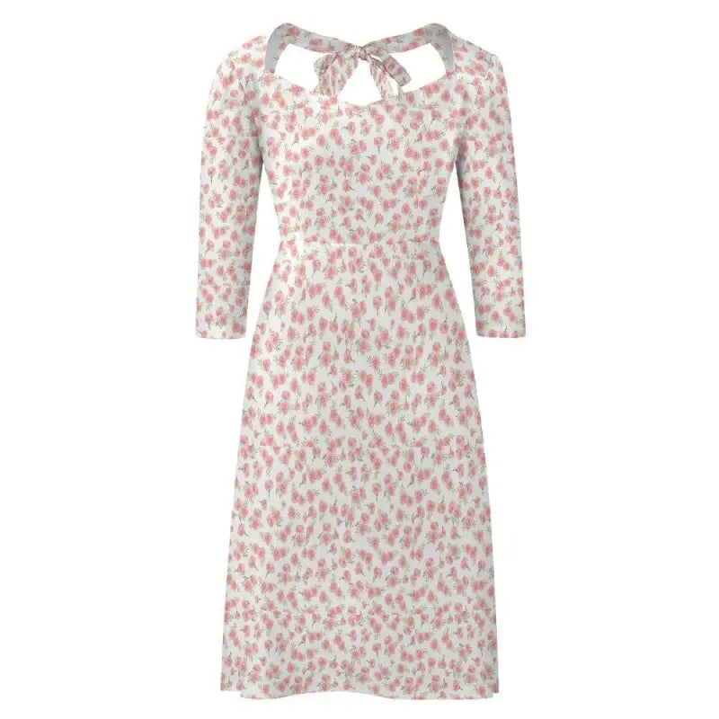 Floral Sweetheart Line Dress for Women with three-quarter sleeves and tie-back neckline