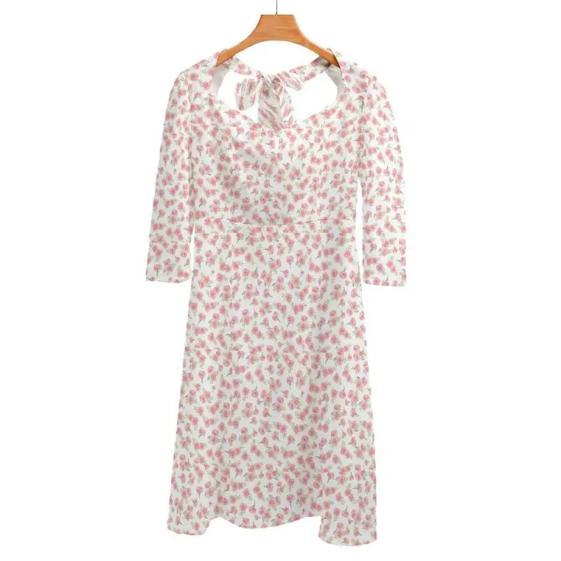Floral Sweetheart Line Dress for Women hanging on a wooden hanger, perfect for spring