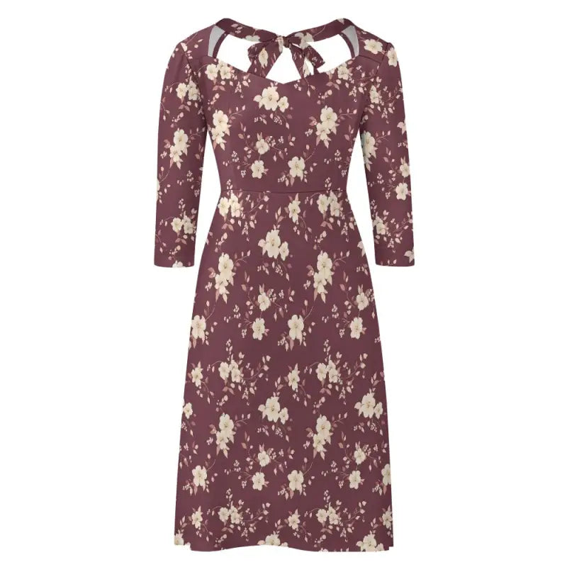 Floral print burgundy sweetheart dress with tie detail and three-quarter sleeves