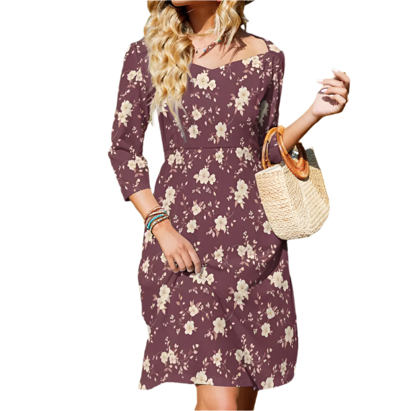 Floral Sweetheart Dress in purple with 3-quarter sleeves and burgundy floral print