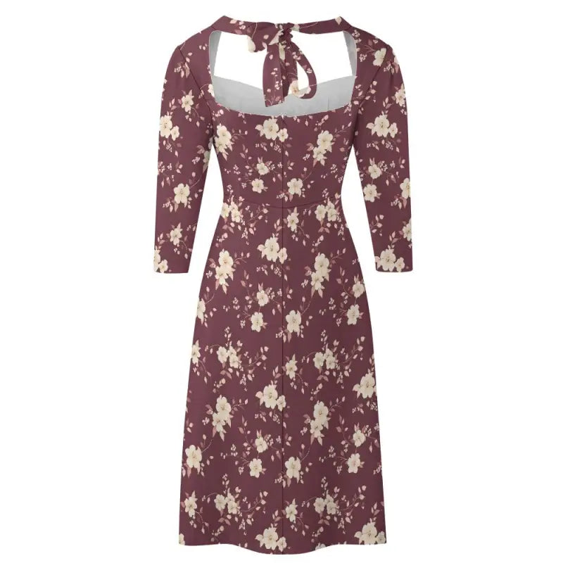 Burgundy floral sweetheart dress with three-quarter sleeves and a square neckline
