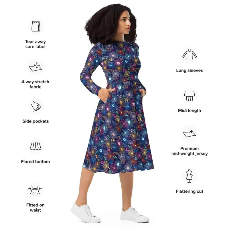 Womens blue floral casual long sleeve midi dress with a flared bottom for twirling fun