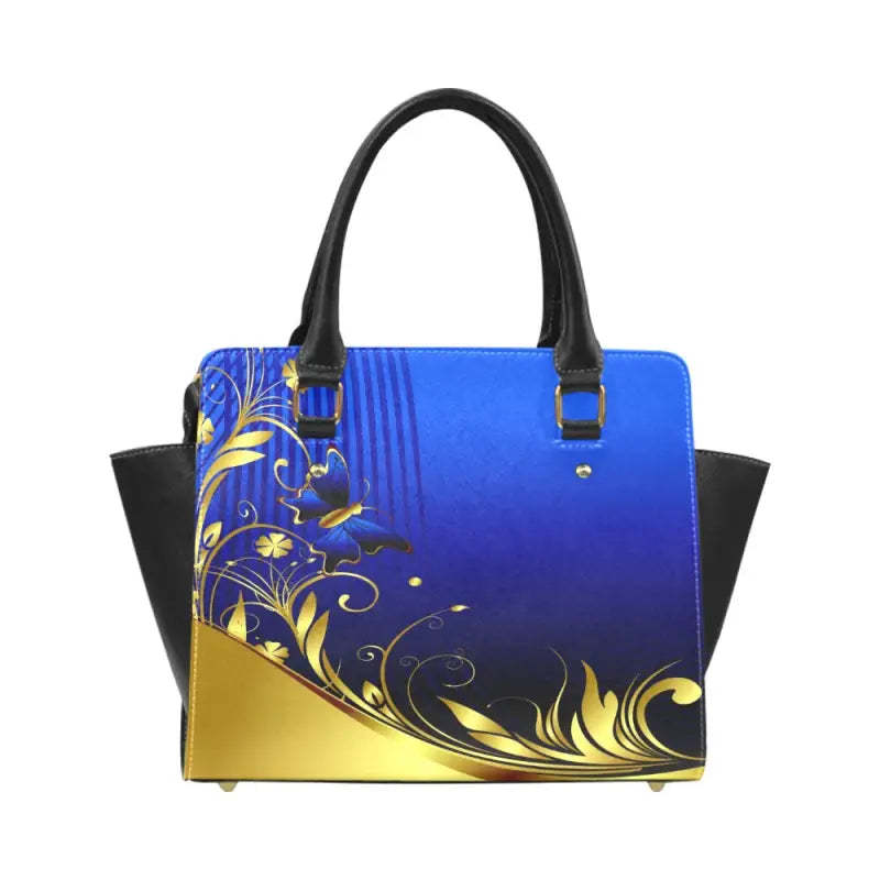 Stylish Flower Power Handbag with blue, black, and gold floral design for travel adventures