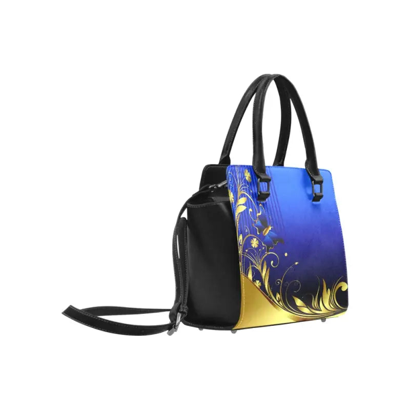 Stylish Flower Power Handbag with blue-gold floral design perfect for travel adventures