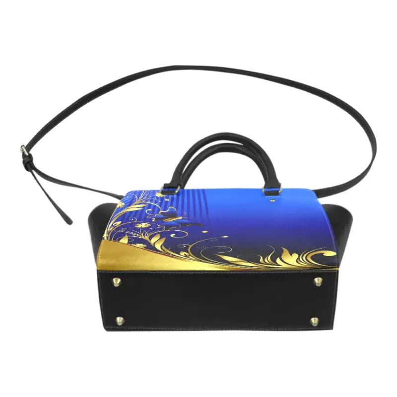 Stylish Flower Power Handbag in blue and gold, perfect for travel adventures