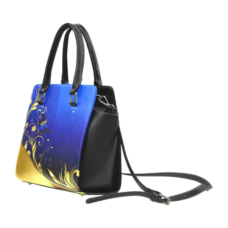 Stylish Flower Power Handbag with blue, black, and gold floral design for travel adventures