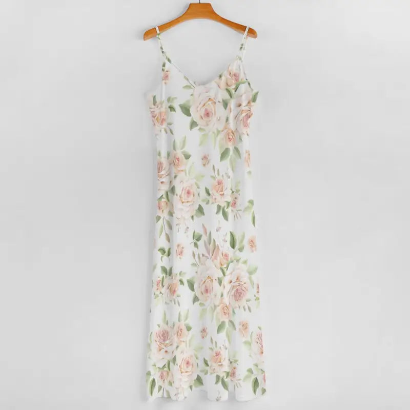 Floral print ankle length dress on a wooden hanger, perfect for feeling like a garden fairy