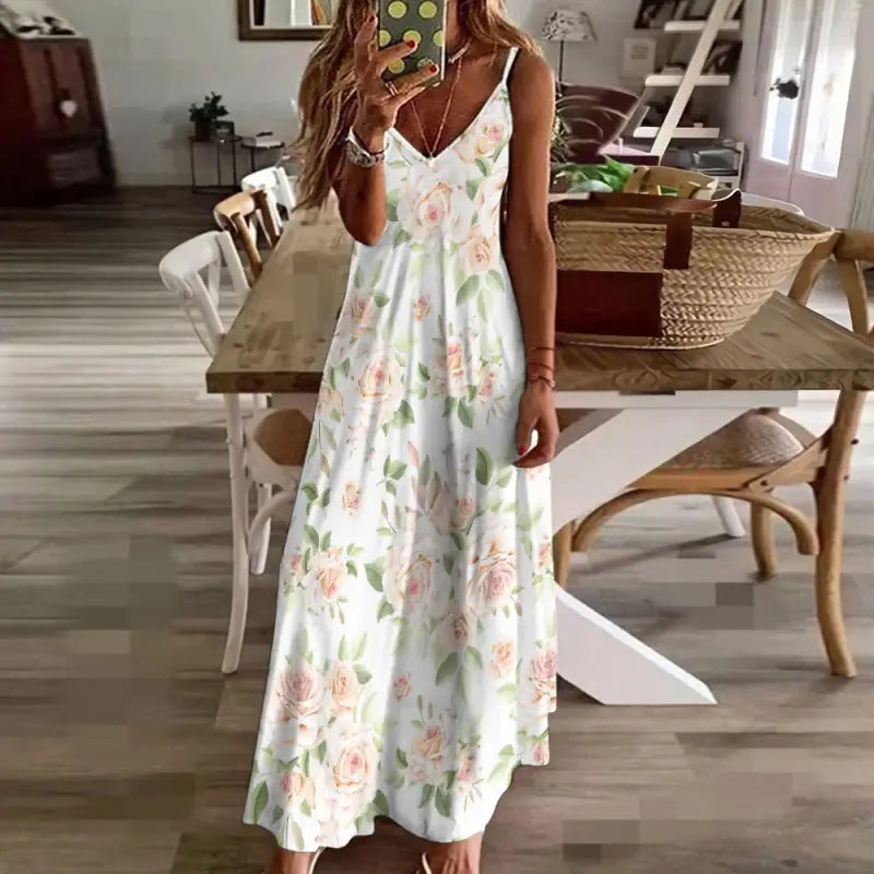 Floral print ankle length sundress with spaghetti straps for a garden fairy vibe