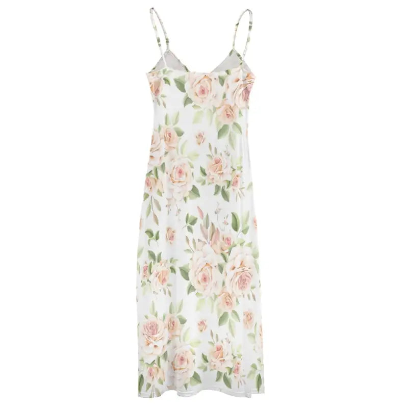 Floral print ankle length dress with thin straps and delicate rose pattern vibes