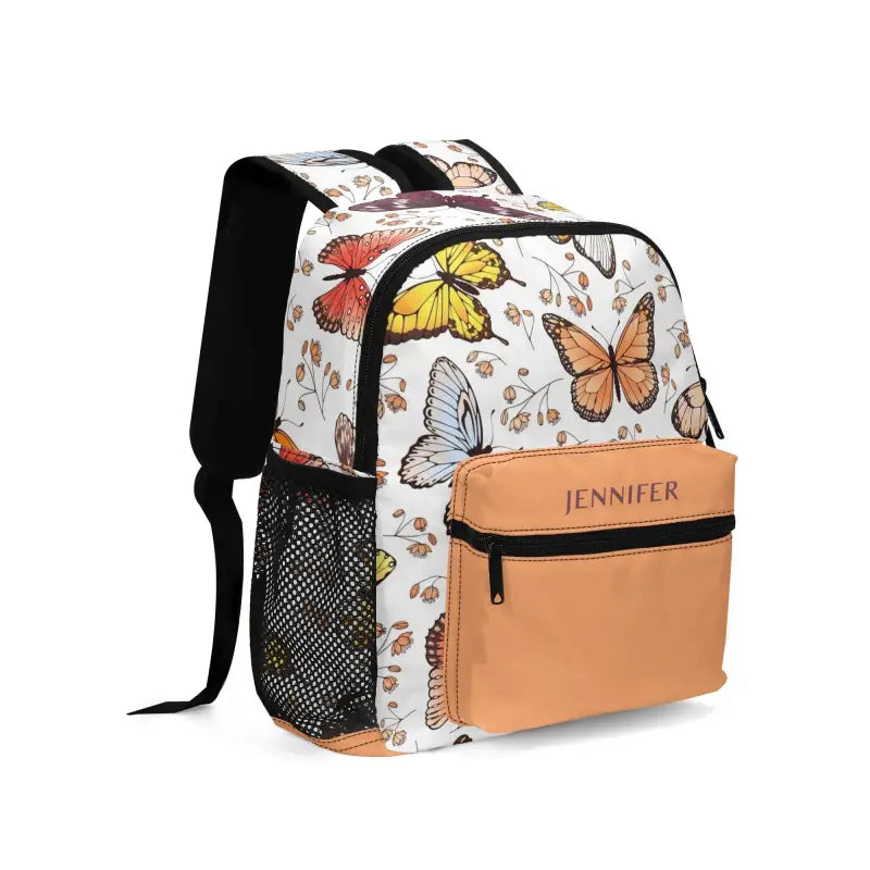 Colorful personalized butterfly mini backpack with a tan front pocket design