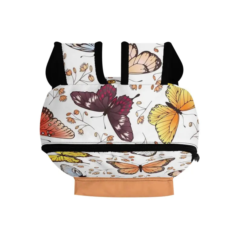 Colorful butterfly-patterned baby carrier with black straps for personalized butterfly mini