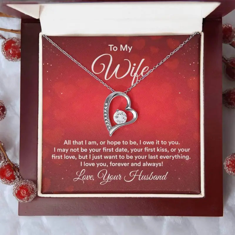 Heart-shaped Forever Love Necklace in yellow gold finish with a sweet Valentine wife card