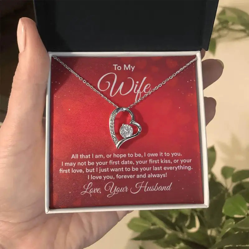 Heart-shaped Forever Love Necklace in yellow gold finish with a sweet Valentine wife card
