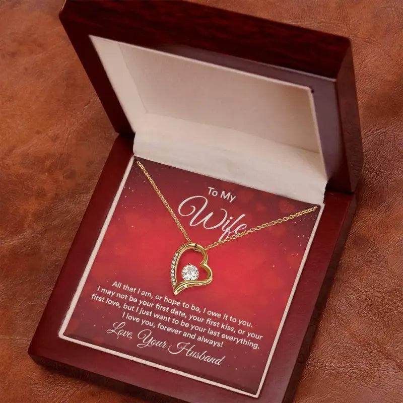 Gold heart pendant necklace in gift box with sweet valentine wife card. Forever Love Necklace