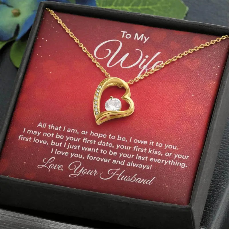 Gold heart-shaped Forever Love Necklace with a diamond and sweet Valentine wife card