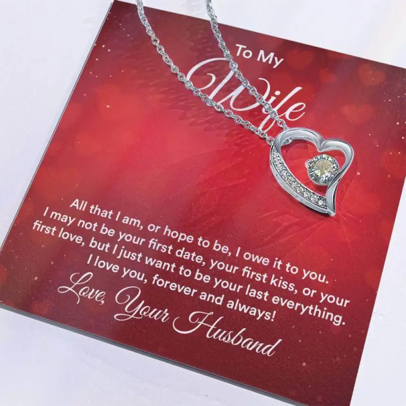 Silver heart-shaped Forever Love Necklace for wifey with a sweet Valentine wife card