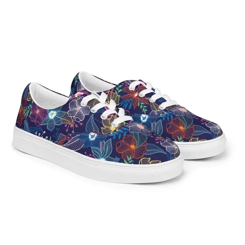 Colorful women’s floral print lace-up canvas shoes with white laces and soles