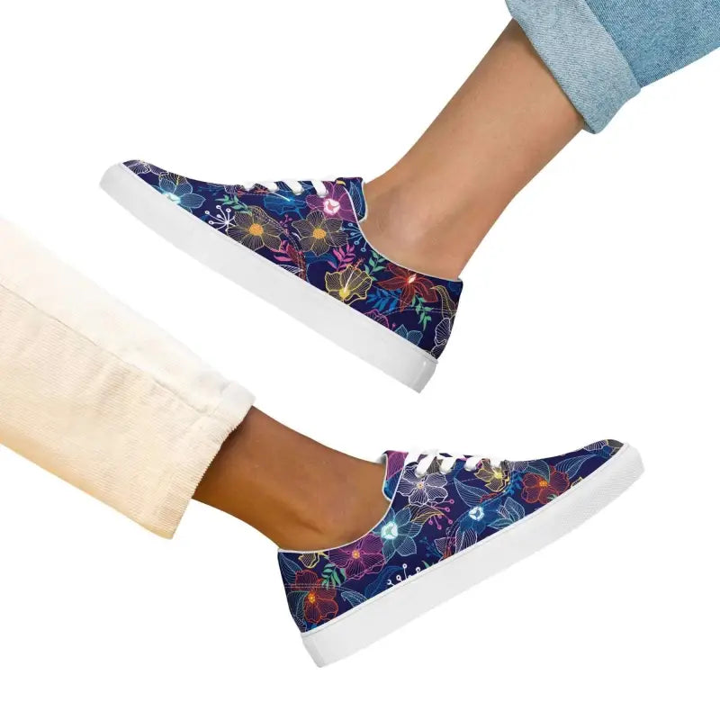 Colorful women’s floral print lace-up canvas shoes with a cosmic galaxy theme
