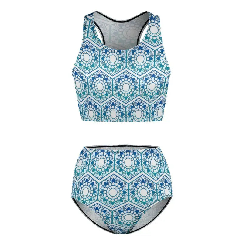 Modest two piece bikini with a blue and white geometric hexagon pattern for beach fun