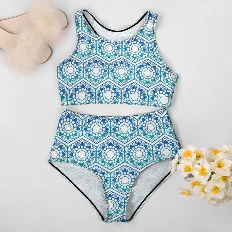 Trendy modest two piece bikini featuring a blue and white geometric hexagon pattern