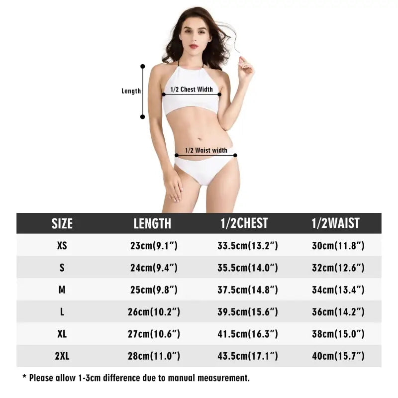 Woman in white underwear near a size chart for Geometric Print High Neck Bikinis