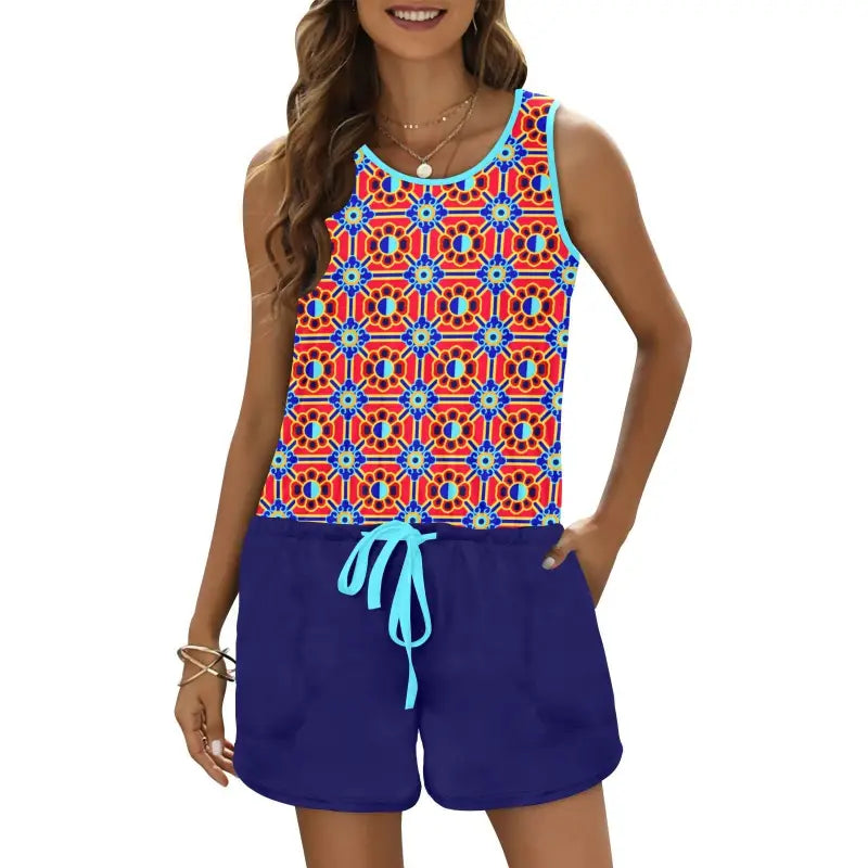 Colorful geometric print sleeveless romper, perfect for a fun summer outfit
