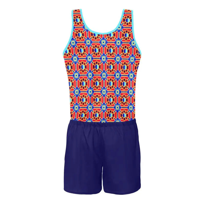 Colorful Geometric Print Sleeveless Romper with navy blue shorts for funky summer vibes