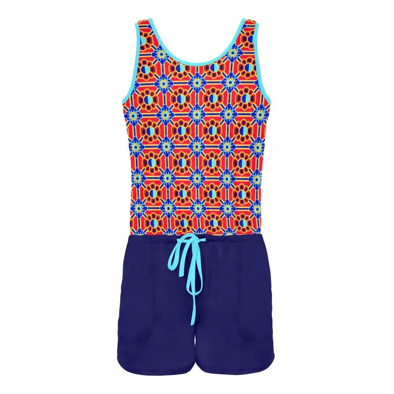 Colorful Geometric Print Sleeveless Romper with blue shorts for a funky look