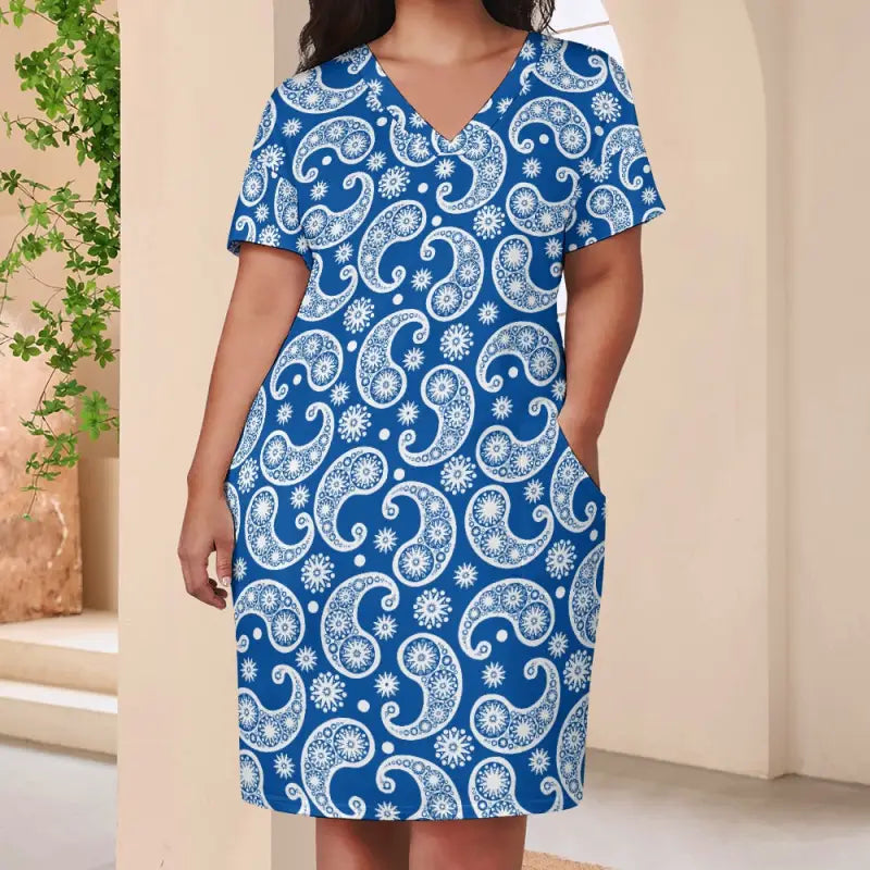 Blue and white paisley print dress in imitation cotton, perfect for basic style vibes