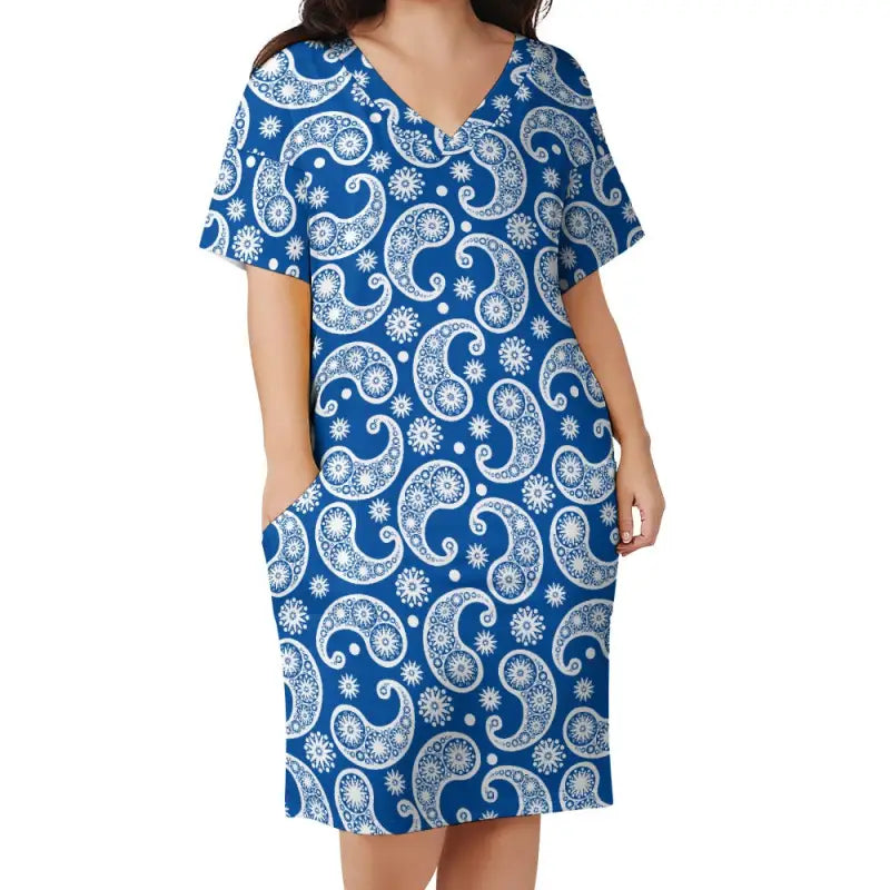 Blue paisley print dress in imitation cotton, perfect for basic style and comfy vibes