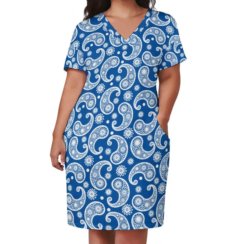 Blue paisley print dress in imitation cotton for cozy, basic style vibes and after-sales support