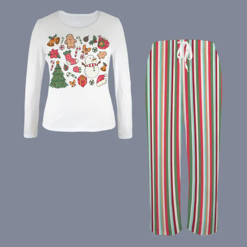 Cute Christmas pajamas featuring a festive long-sleeved top and striped pants