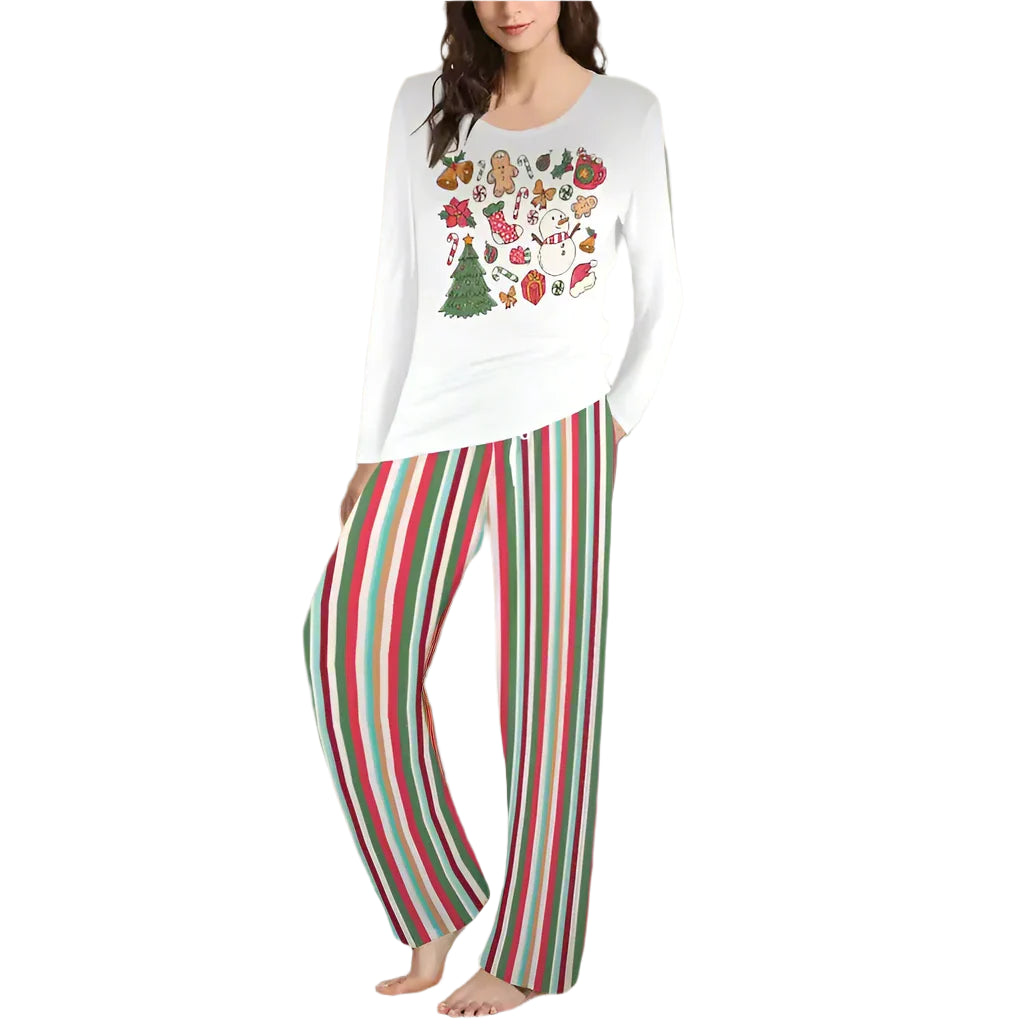 Cute Christmas pajamas with a festive top and striped pants for holiday fun