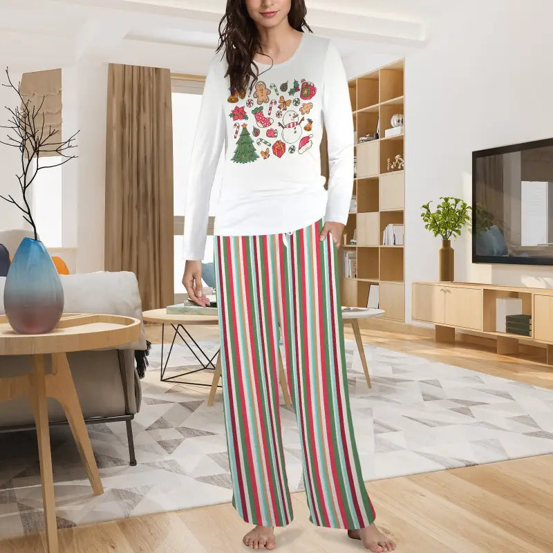 Woman in cute Christmas pajamas with a festive sweater and striped pants