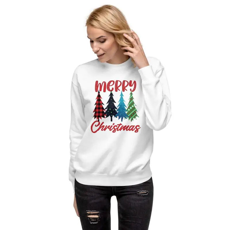 White Trees Holiday Sweatshirt with Merry Christmas text and colorful tree designs