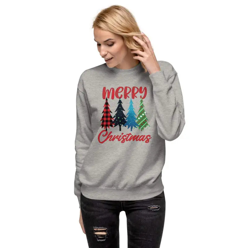 Gray sweatshirt with Merry Christmas Trees design featuring colorful Christmas trees