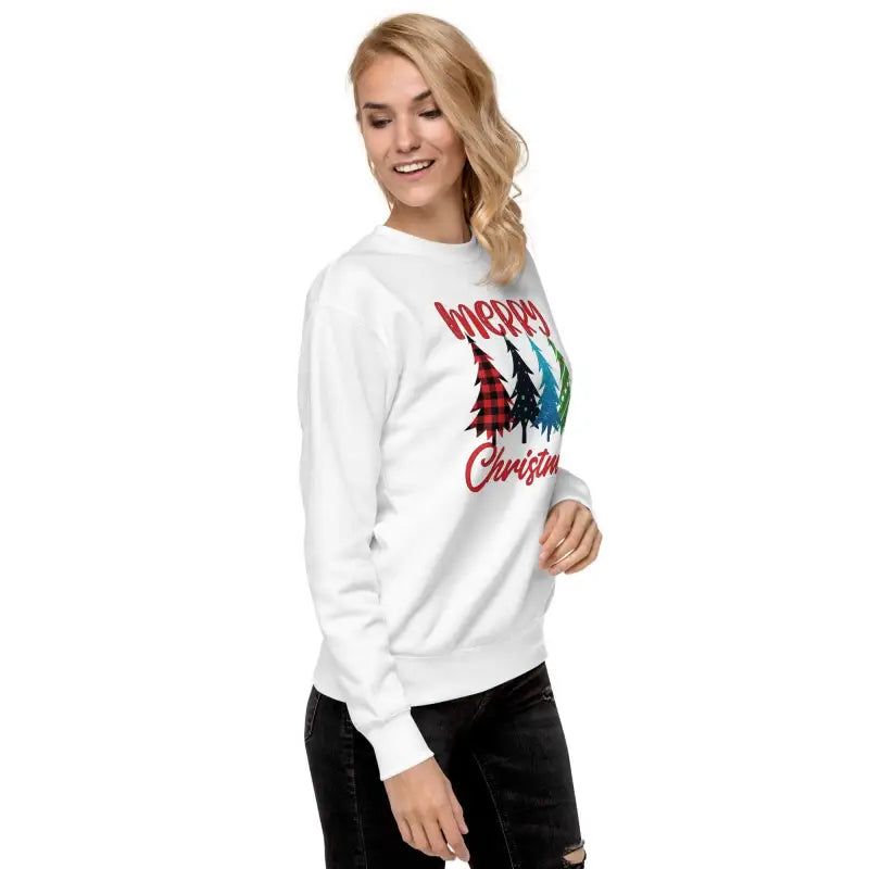 White sweatshirt featuring Merry Christmas trees design and festive colors for the holidays