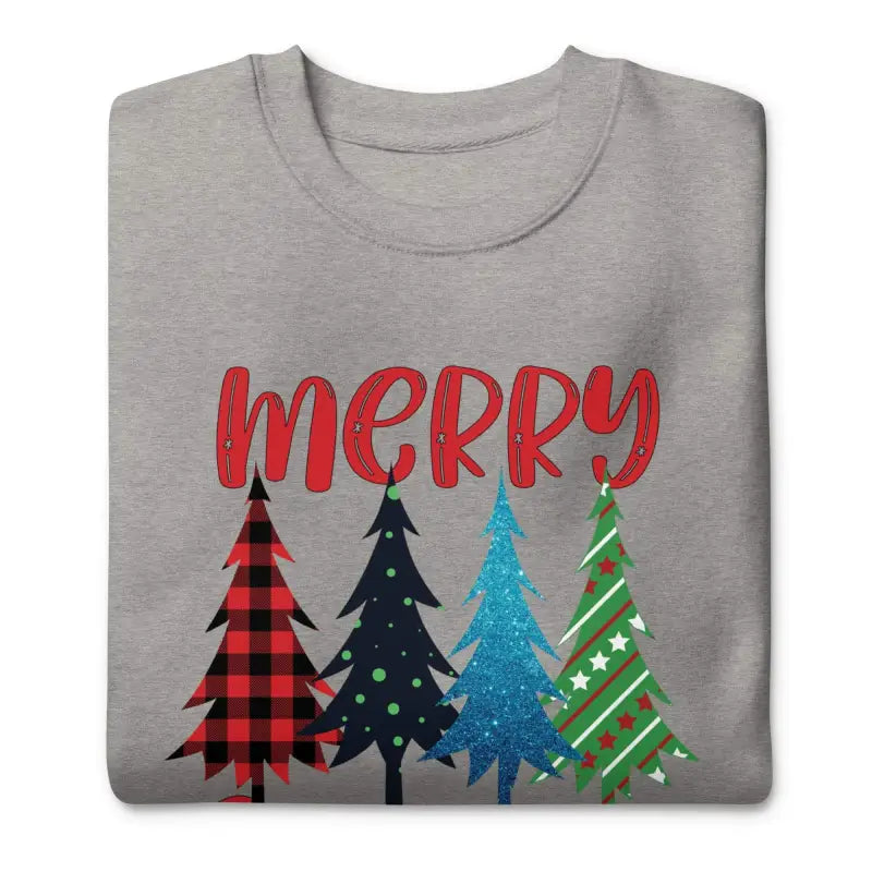Gray Merry Christmas Trees Holiday Sweatshirt with colorful tree designs on the front