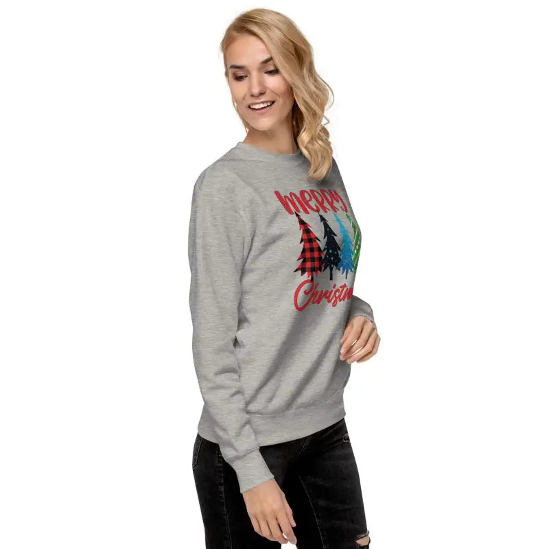 Gray sweatshirt with Merry Christmas Trees design perfect for the holidays
