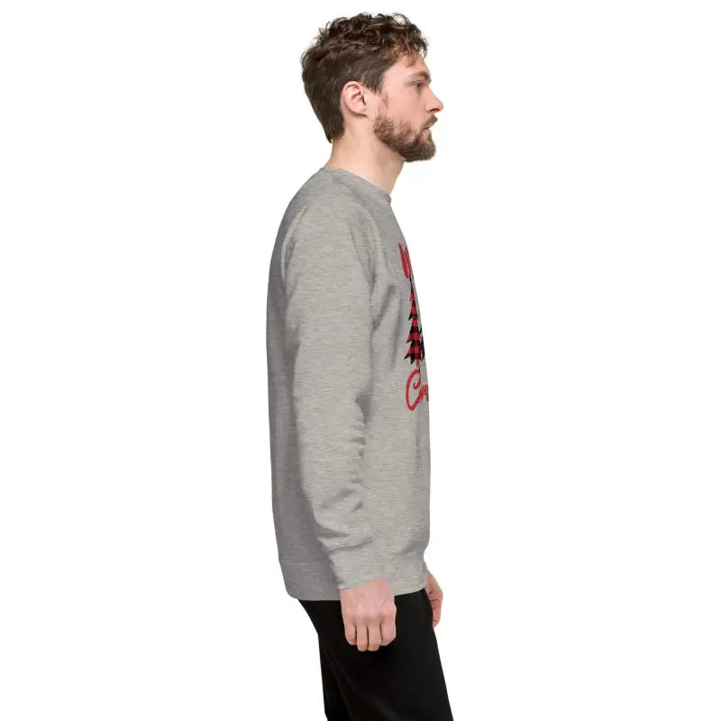 Gray Merry Christmas Trees Holiday Sweatshirt seen on a person in profile view
