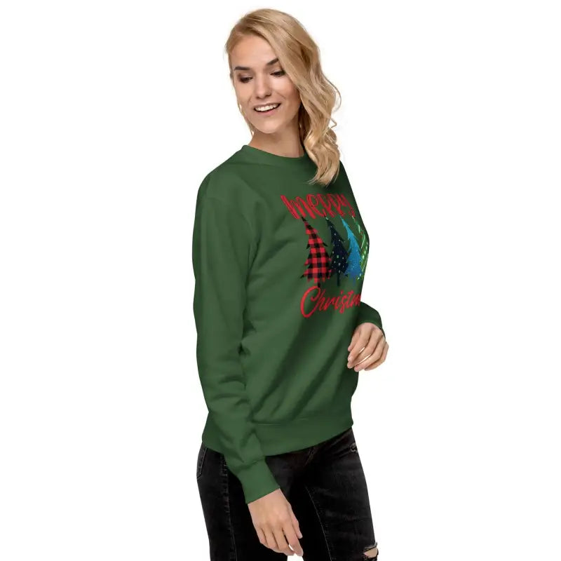 Green sweatshirt featuring Merry Christmas Trees design and plaid for the holidays