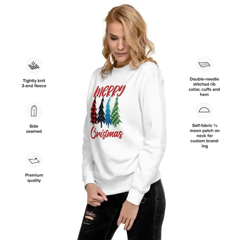 White sweatshirt with Merry Christmas Trees design, perfect for the festive season