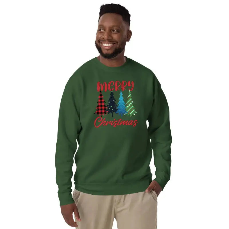 Green Trees Holiday Sweatshirt with Merry Christmas Trees design and plaid pattern