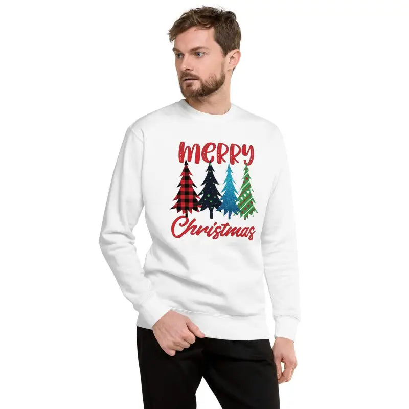 Cozy Merry Christmas Trees Holiday Sweatshirt with fun colorful tree design
