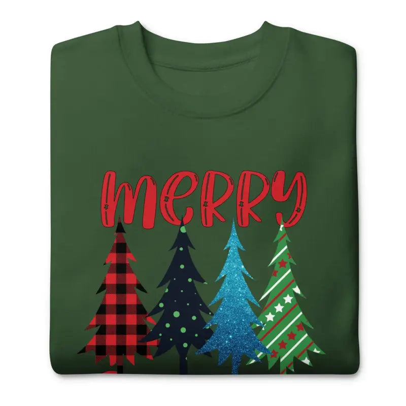 Green t-shirt with Merry text and colorful Christmas trees designs for holiday fun