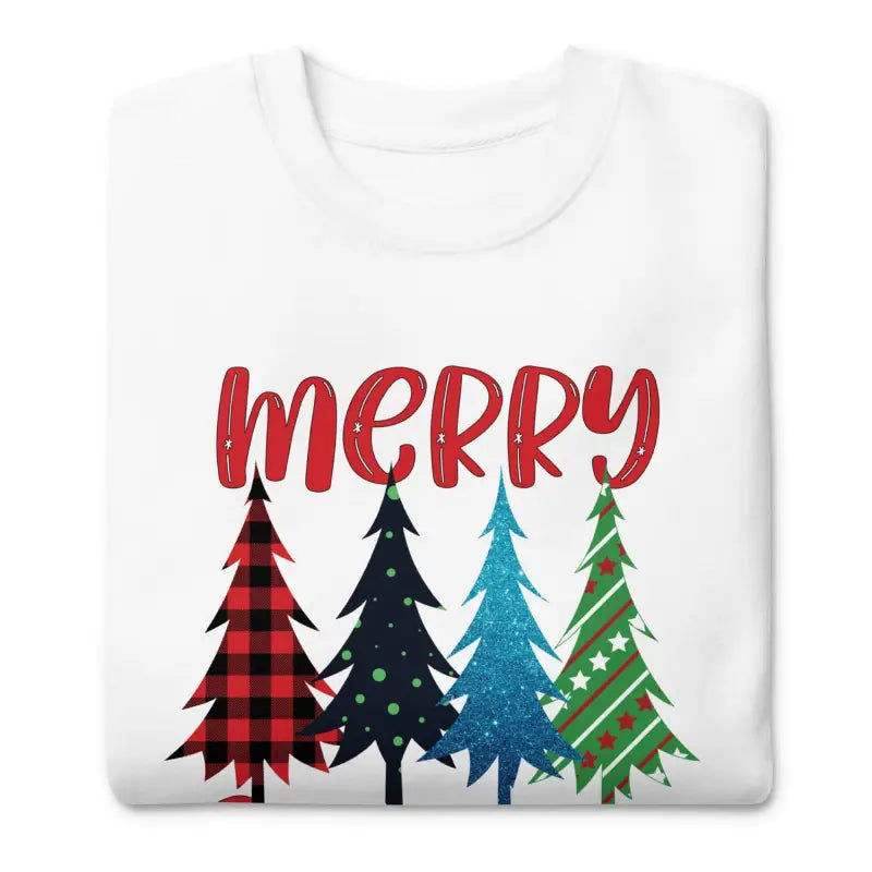 Merry Christmas Trees Holiday Sweatshirt featuring a cute MERRY text and colorful trees design