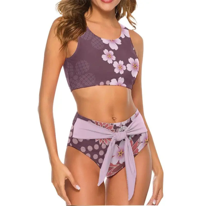 Floral print two-piece swimsuit with crop top and high-waisted bottoms for ladies purple floral
