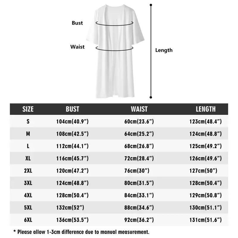 Size chart for women’s Purple Floral Half Sleeve Kimono with bust, waist, and length measurements